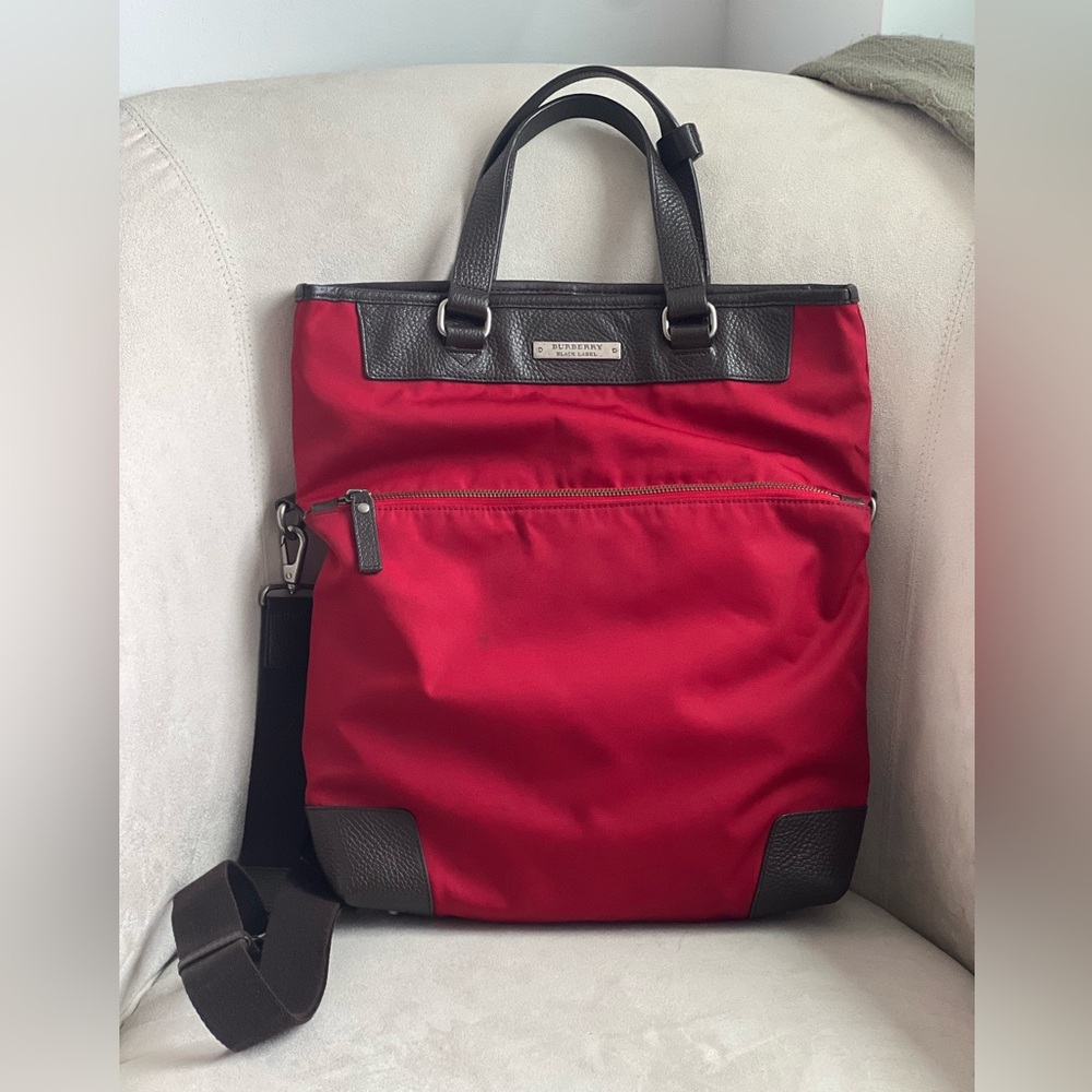 Burberry Black Label 2 Way Tote Bag Red Canvas Brown Leather
